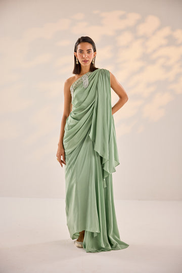 Sage Green Drape Top And Skirt Set