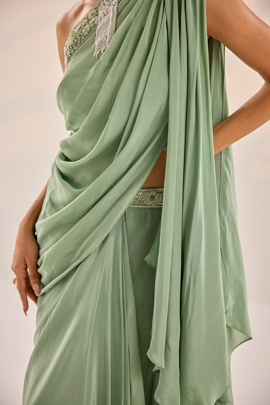 Sage Green Drape Top And Skirt Set