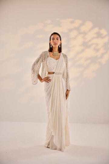 Ivory Pre Draped Saree With Cape