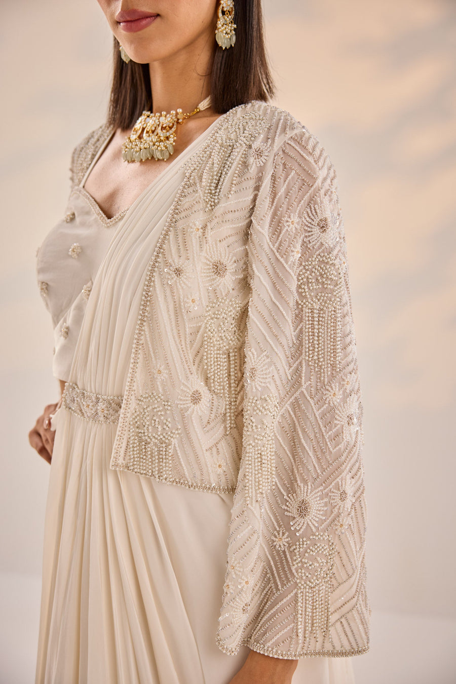 Ivory Pre Draped Saree With Cape