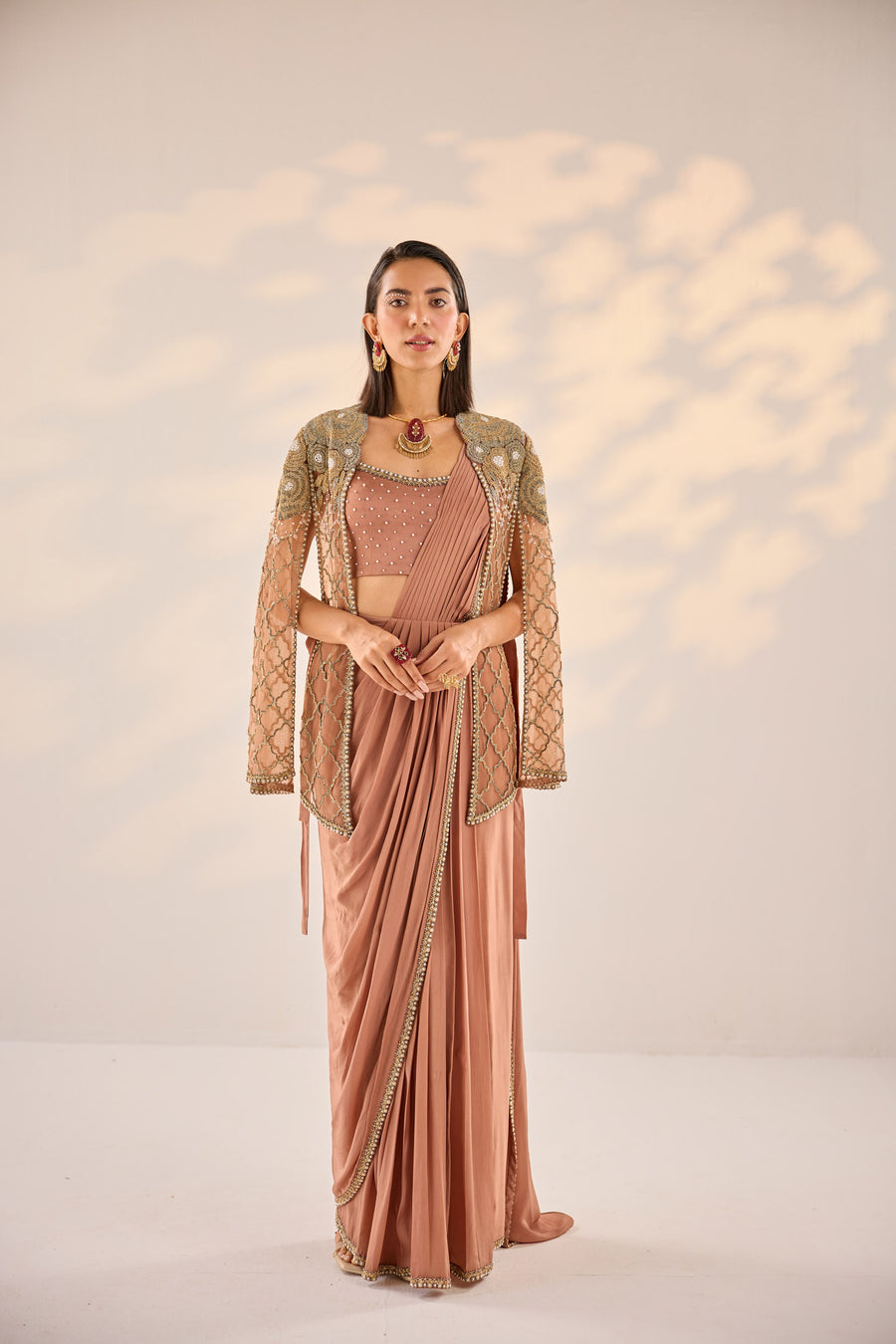 Copper Pre Draped Saree With Cape