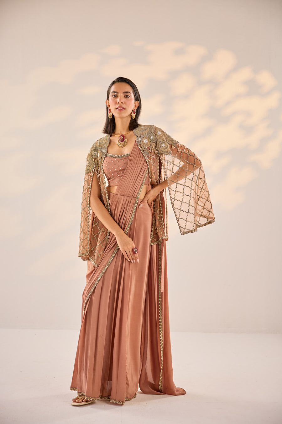 Copper Pre Draped Saree With Cape