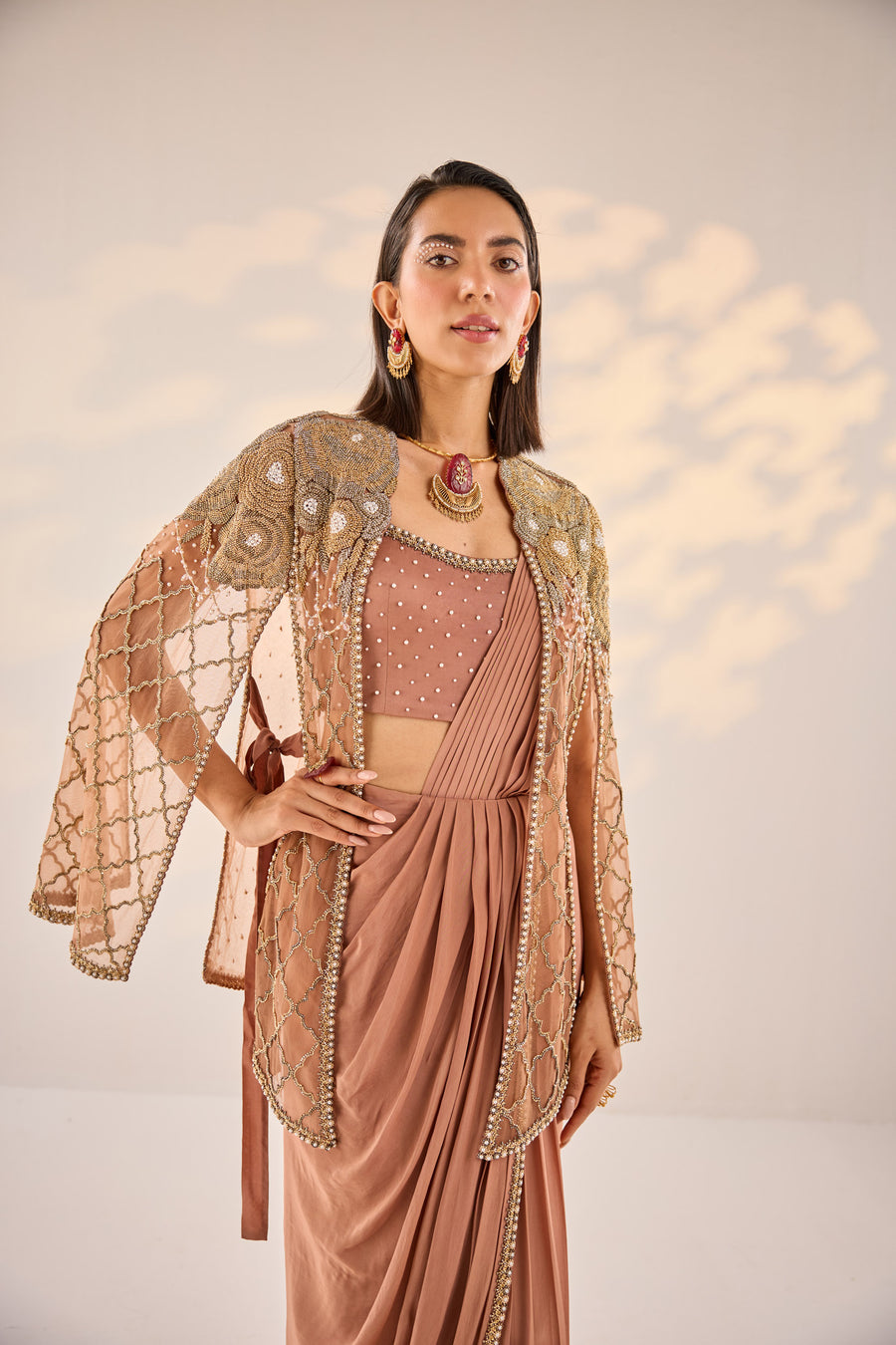 Copper Pre Draped Saree With Cape