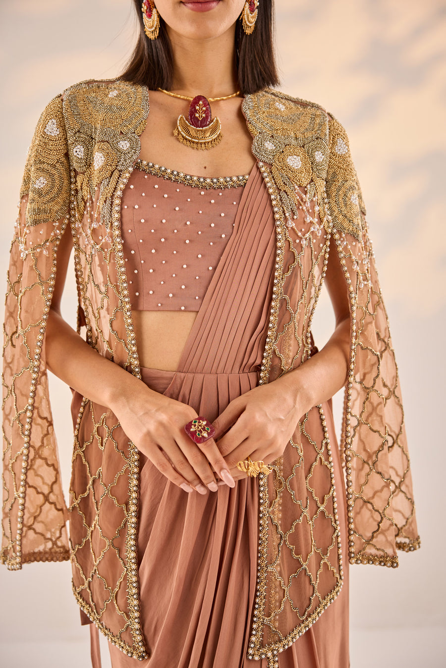 Copper Pre Draped Saree With Cape