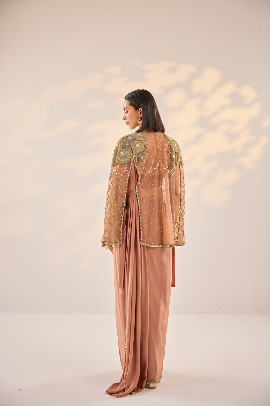 Copper Pre Draped Saree With Cape