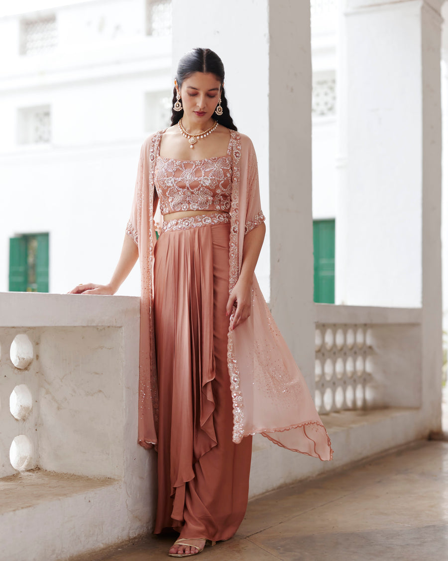 Old Rose Cape Set With Draped Skirt