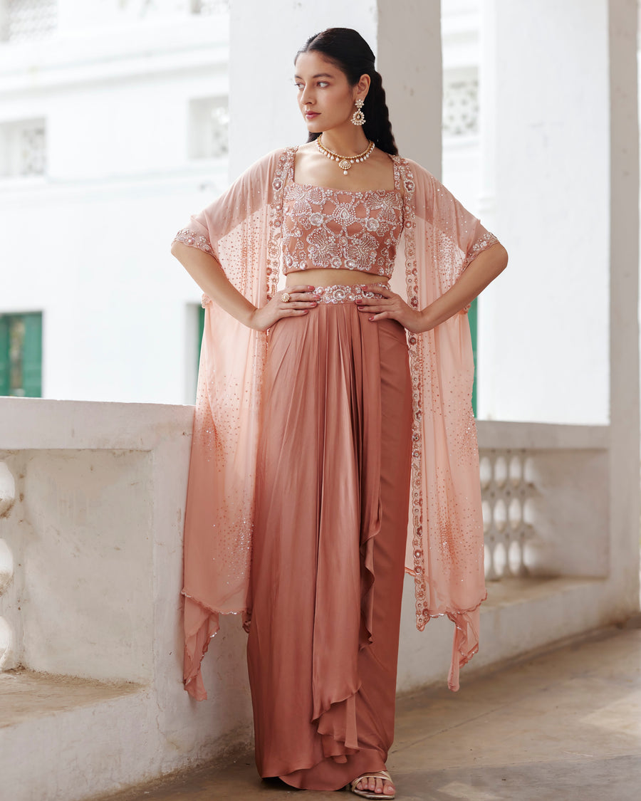 Old Rose Cape Set With Draped Skirt