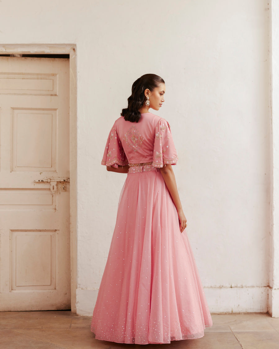 Rose Pink Crop Top Skirt With Belt Bag