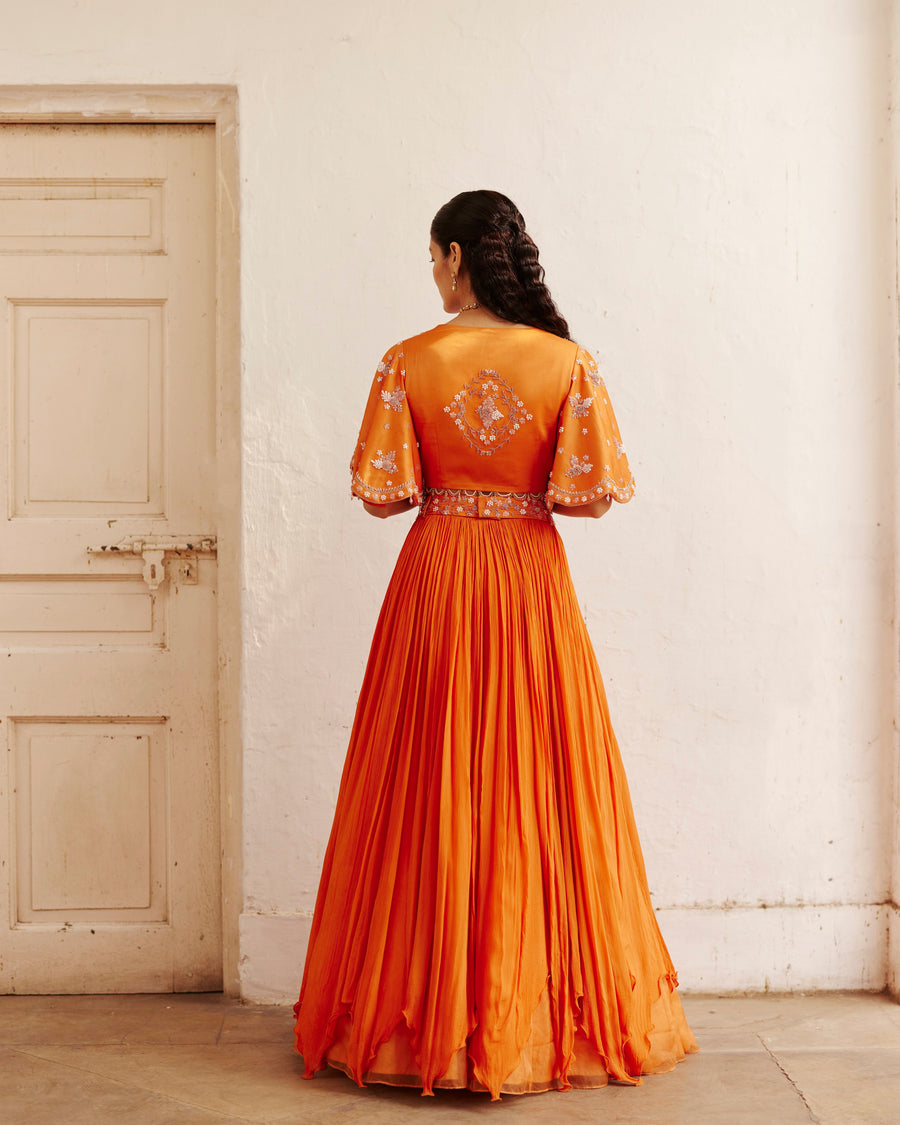 Burnt Orange Crop Top And Skirt With Belt Bag