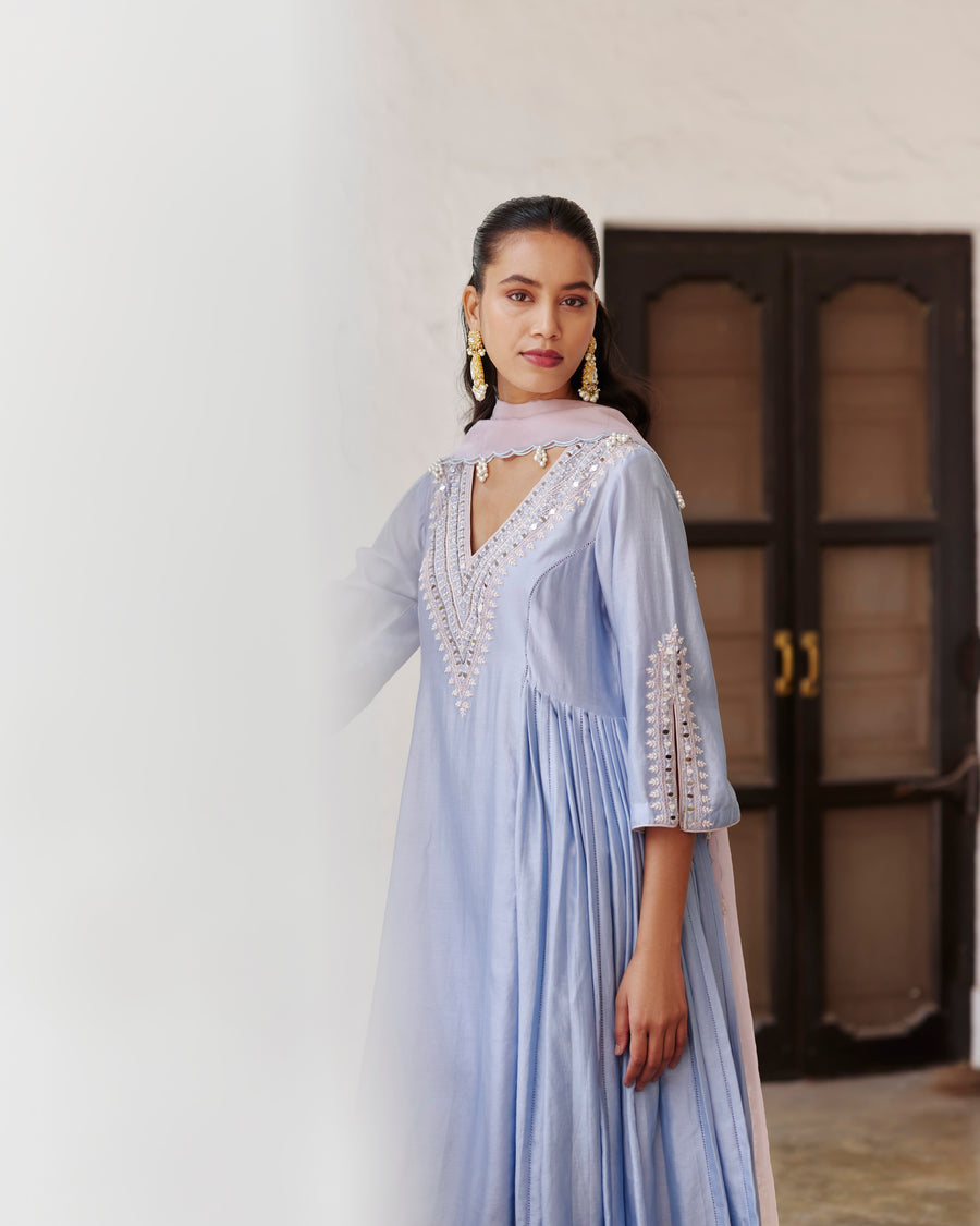 Chanderi Long A-Line Kurta Set With Side Pleats