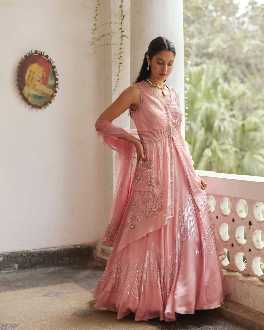 Rose Pink Asymmetric Peplum With Embroidered Lehenga