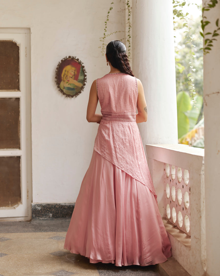 Rose Pink Asymmetric Peplum With Embroidered Lehenga