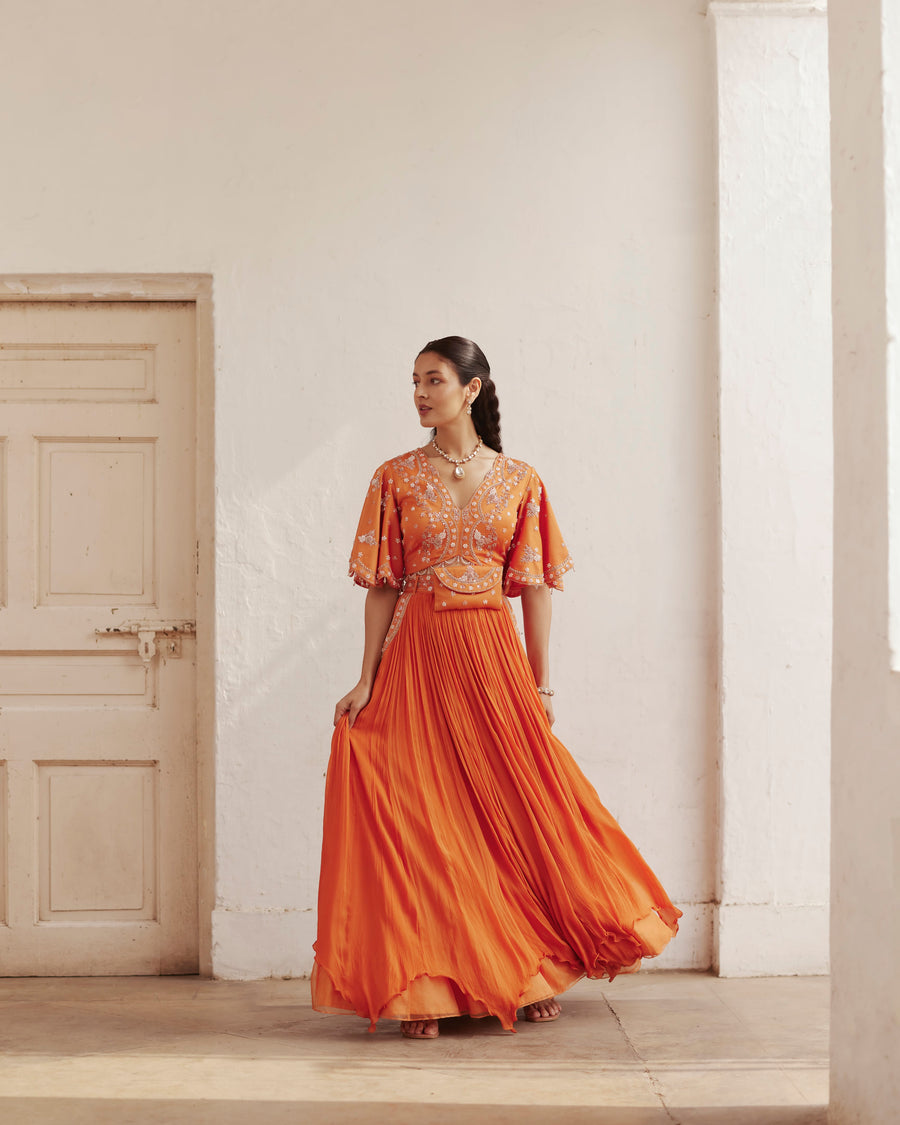 Burnt Orange Crop Top And Skirt With Belt Bag