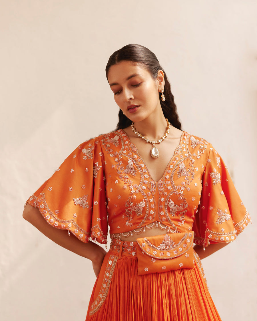 Burnt Orange Crop Top And Skirt With Belt Bag