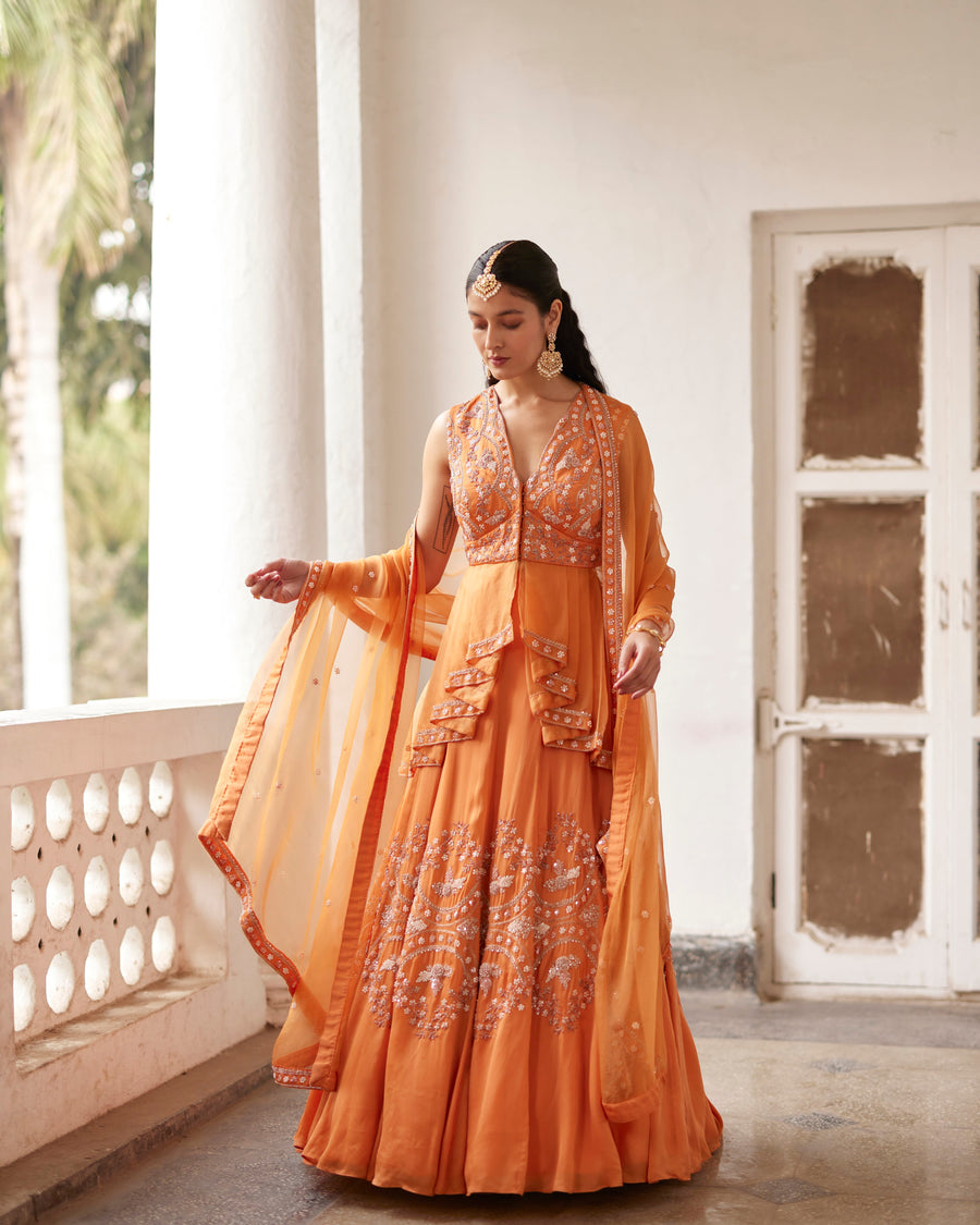 Burnt Orange Peplum With Embroidered Lehenga