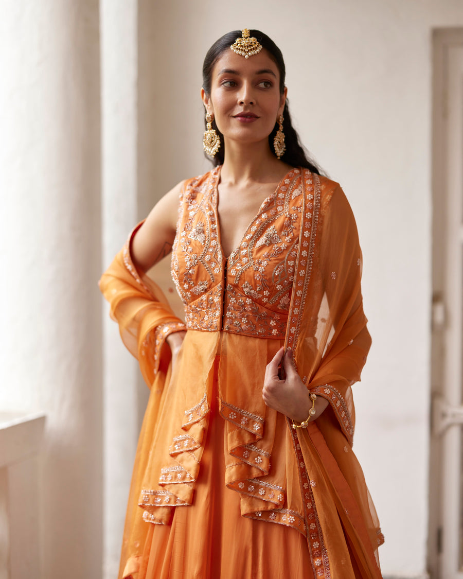 Burnt Orange Peplum With Embroidered Lehenga