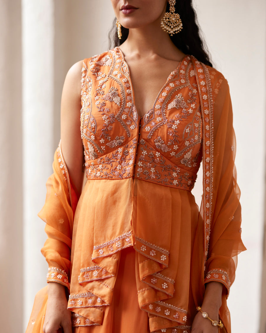 Burnt Orange Peplum With Embroidered Lehenga