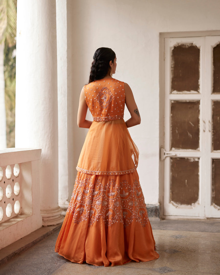 Burnt Orange Peplum With Embroidered Lehenga