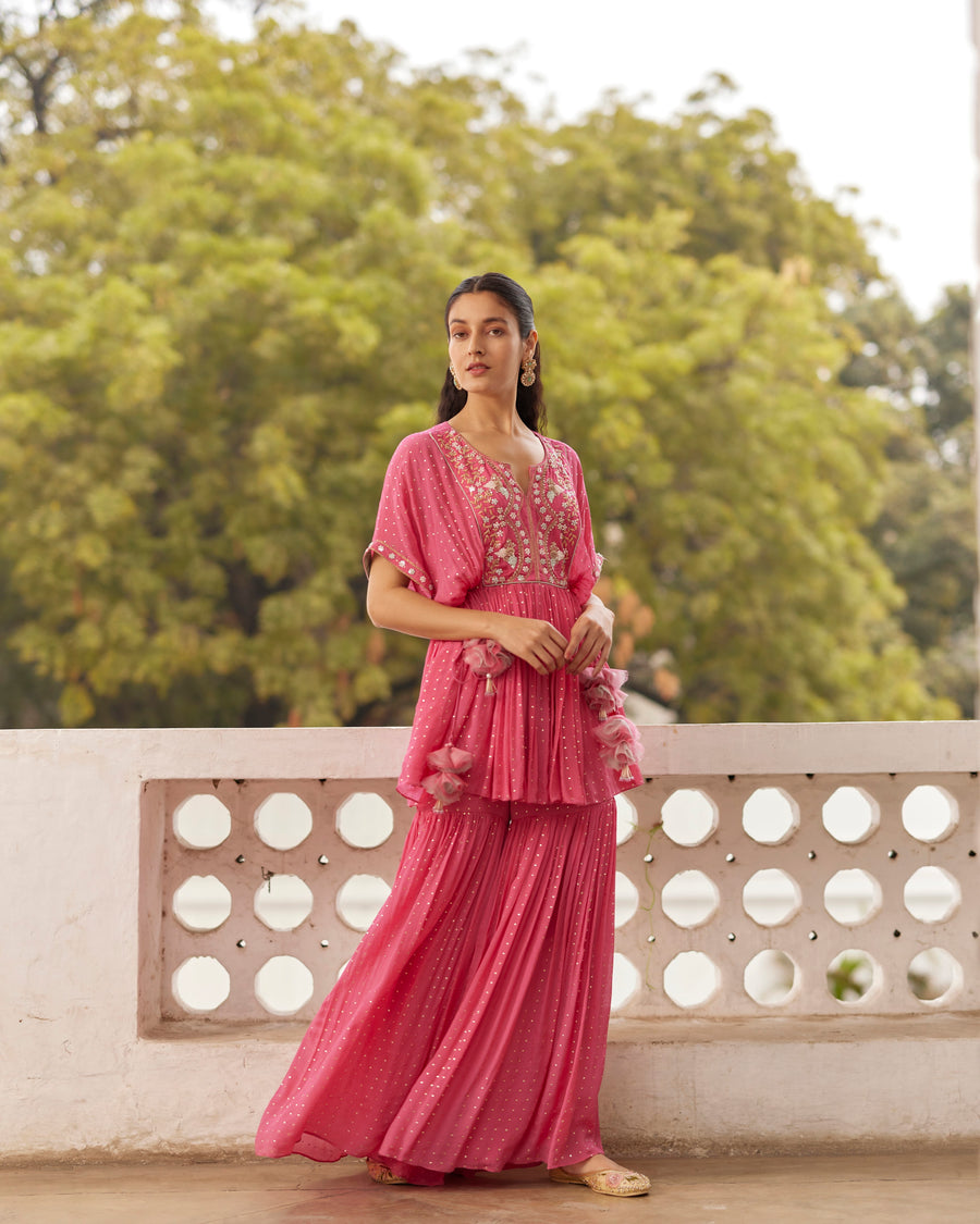 Hot Pink Short Kaftaan With Gharara