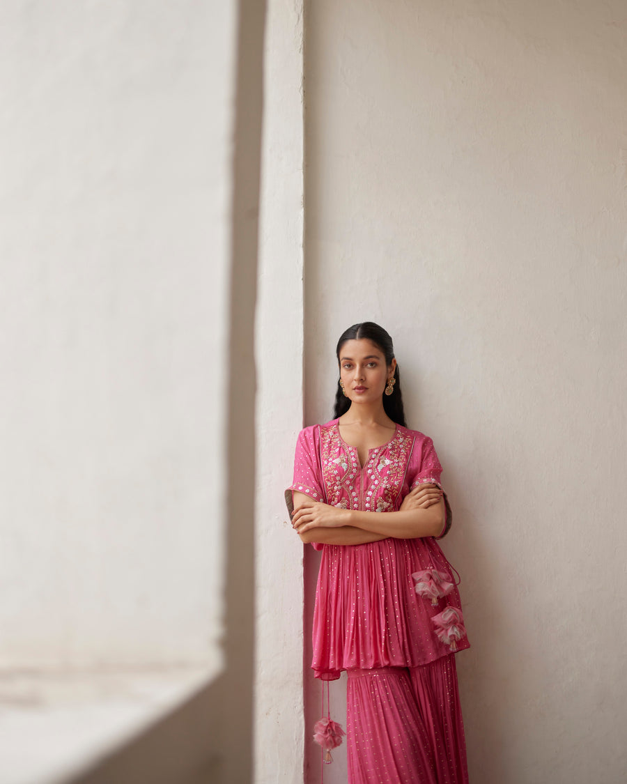 Hot Pink Short Kaftaan With Gharara