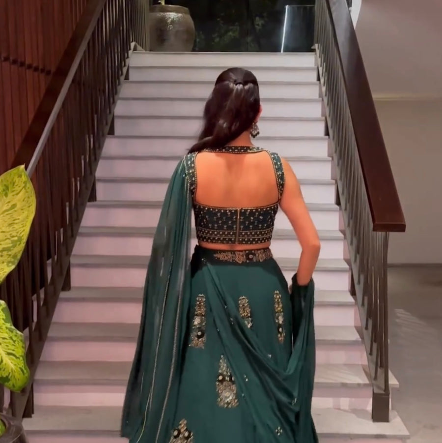 Bottle Green Lehenga With Falling Sleeves