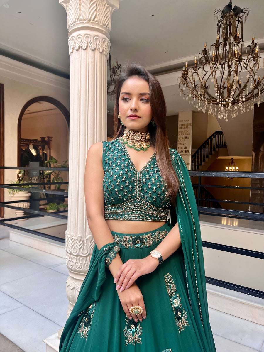 Bottle Green Lehenga With Falling Sleeves