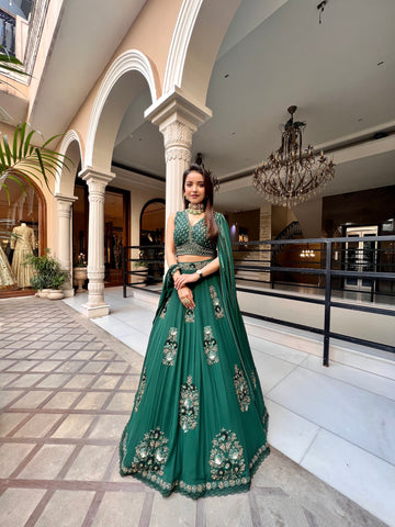 Bottle Green Lehenga With Falling Sleeves